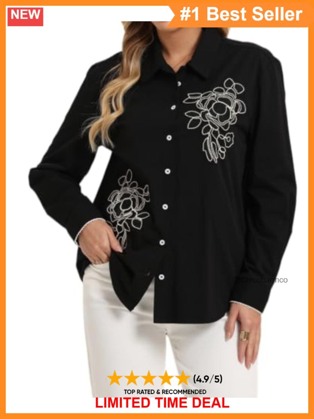 100% Cotton Button Down Blouse Floral Embroidery Workwear